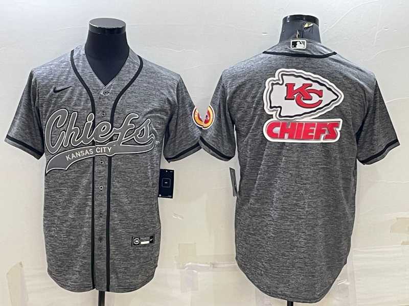 Mens Kansas City Chiefs Grey Team Big Logo With Patch Cool Base Stitched Baseball Jersey